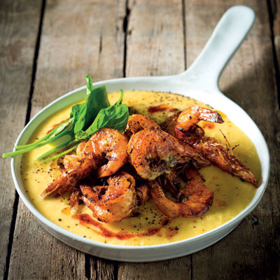 Panfried prawns with sweetcorn purée